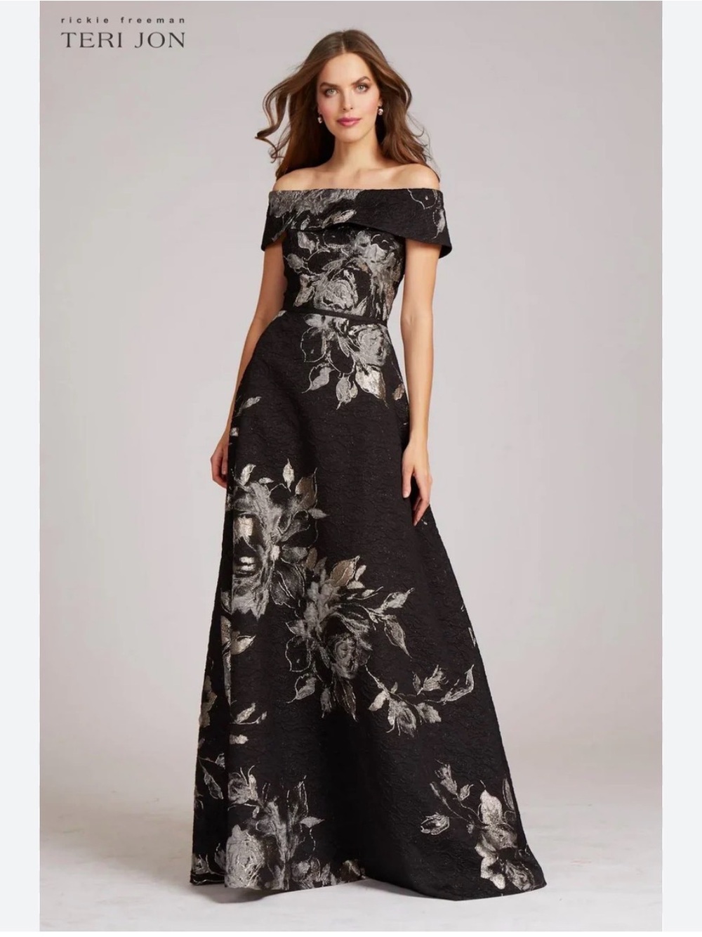 Teri Jon Rickie Freeman Black
Off-the-Shoulder Metallic Floral Jacquard dress 14